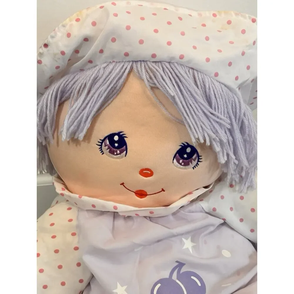 Vintage Dolly Mine Cloth Doll Purple Dress Eyes Cherries Pink Dots 22